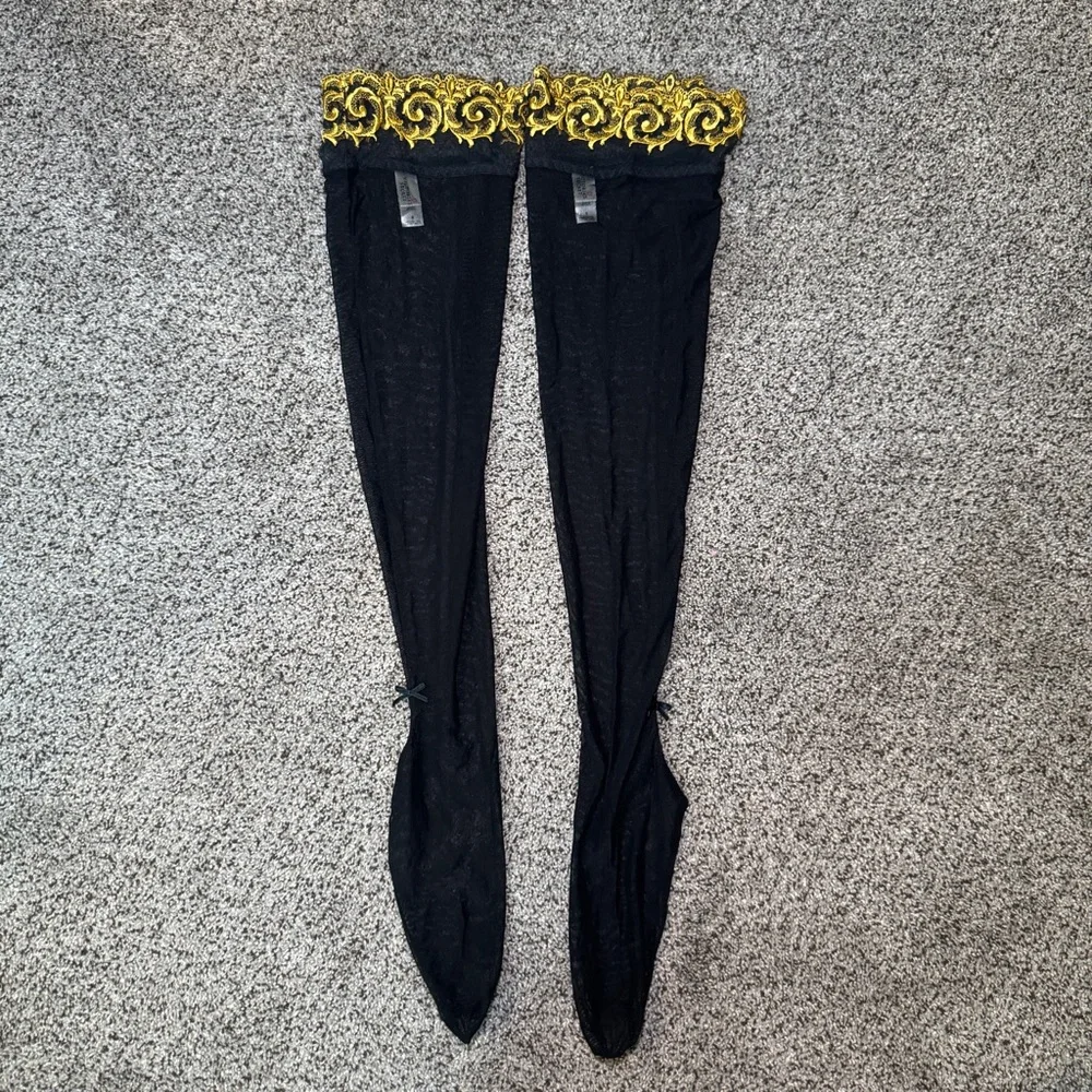 VERY RARE Vintage 90s Victoria's Secret Black & Gold Stockings Thigh High Socks